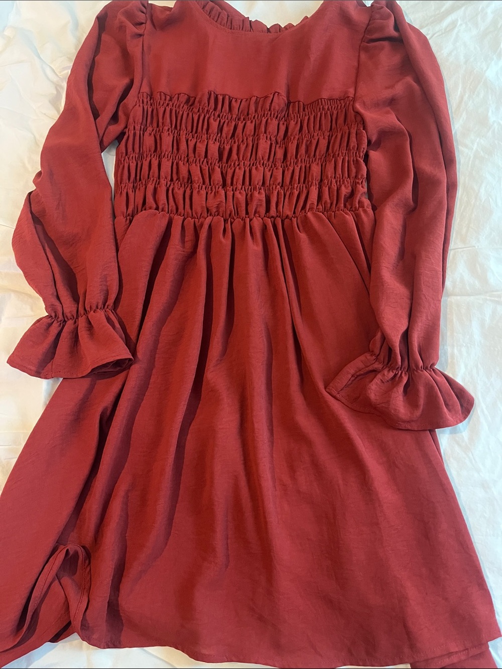 Smocked Waist Long-Sleeve Casual Dress in Rust Red